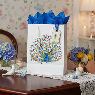 Aquarell-Blumen-Pfau Mittlere Geschenktüte