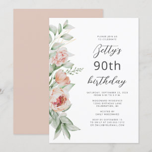 Aquarell Blumen Pfirsich Hauch 90. Geburtstag Einladung