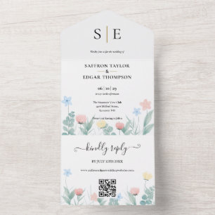 Aquarell-Blumen-QR-Code-Monogramm-Hochzeit All In One Einladung