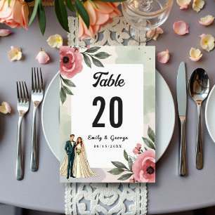 Aquarell-Blumen Romantisches Paar Sommerhochzeit Tischnummer