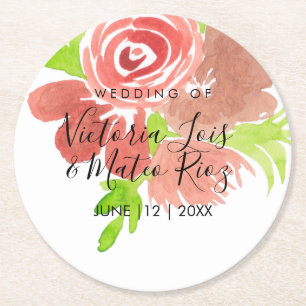 Aquarell Blumen Rosa Beige Rosafarben Blatt Hochze Runder Pappuntersetzer