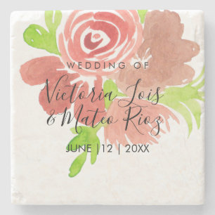 Aquarell Blumen Rosa Beige Rosafarben Blatt Hochze Steinuntersetzer
