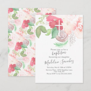 Aquarell-Blumen Rosa Handbemalt Taufe Einladung