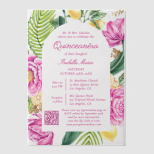 Aquarell-Blumen-Rosa Pfingstrosen QR-Code Quinceañ Pergament Einladungen
