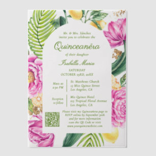 Aquarell-Blumen-Rosa Pfingstrosen QR-Code Quinceañ Pergament Einladungen