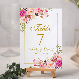 Aquarell-Blumen-Rosa-Röte-Gold-Hochzeit Tischnummer