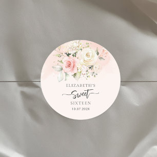 Aquarell-Blumen-Rosa-Sweet-16-Geburtstagsfeier Runder Aufkleber