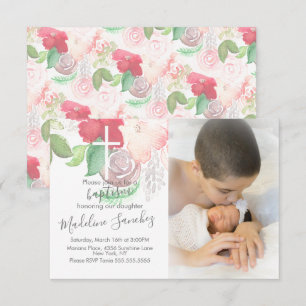 Aquarell-Blumen Rosa Taufe Baby-Einsegnung   Einladung