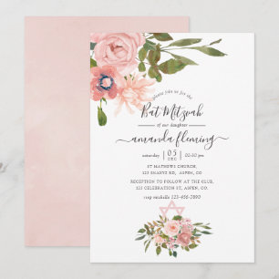 Aquarell-Blumen-Rosa und Roségold Bat Mitzwa Einladung