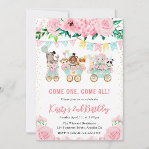 Aquarell-Blumen-Rosa-Zirkustiere Geburtstag Einladung