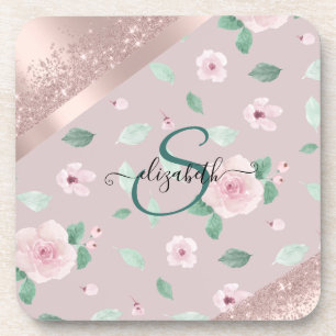 Aquarell-Blumen Rose Gold Monogramm Getränkeuntersetzer