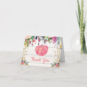 Aquarell-Blumen-Rustikal-Kürbis-Rosa-Gold-Glitter Dankeskarte