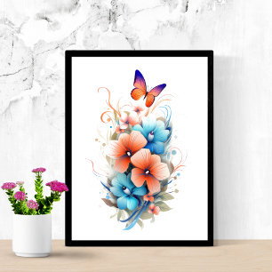 Aquarell Blumen Schmetterlinge Blau Orange  Poster