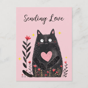Aquarell-Blumen Schwarze Katze und Herz Liebe send Postkarte