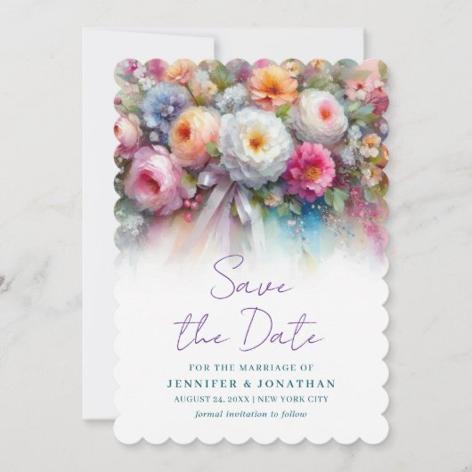 Aquarell-Blumen-Script-Sparen-Sie-das-Datum-Skalop Save The Date (Vorderseite)