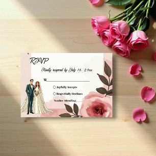 Aquarell-Blumen-Staubige-Rosa-Hochzeitspaar RSVP Karte