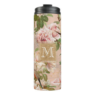 Aquarell-Blumen-Staubiges Rosa Gold Vintage-Monogr Thermosbecher
