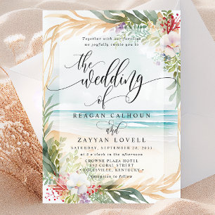 Aquarell-Blumen-Strand-Kalligrafie-Sommerhochzeit Einladung