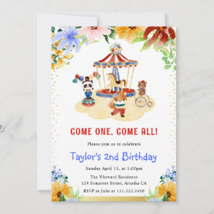 Aquarell Blumen Süße Zirkustiere Geburtstag Einladung