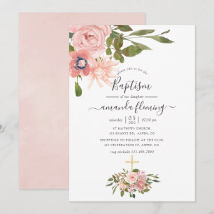 Aquarell-Blumen-Taufkleid in Rosa und Roségold Einladung