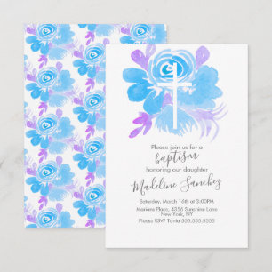Aquarell-Blumen-Taufkreuz Blau Einladung