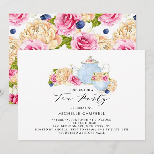 Aquarell-Blumen-Teeparty-Einladung Einladung (Vorne/Hinten)