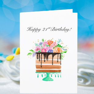 Aquarell-Blumen-Torte Alles Gute zum 21. Geburtsta Feiertagskarte