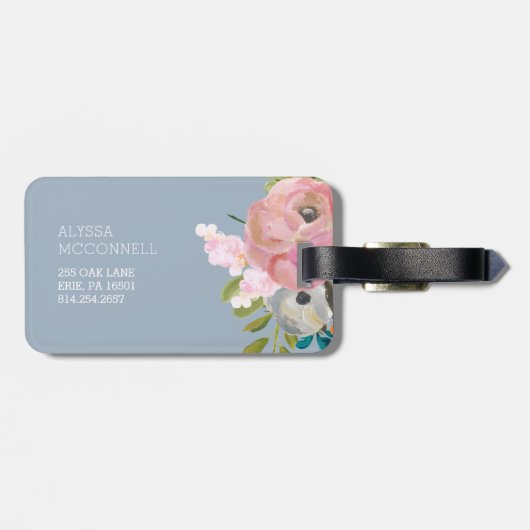 Aquarell-Blumen- und blauer Gingham mit Monogramm Gepäckanhänger (Rückseite horizontal)