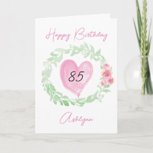 Aquarell-Blumen und Herz zum 85. Geburtstag Karte