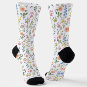 Aquarell-Blumen und Pfotenabdrücke Muster Socken