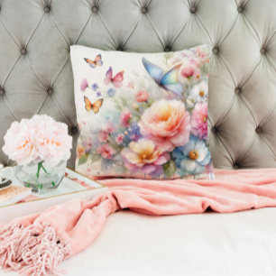 Aquarell Blumen- und Schmetterlingstanz Kissen