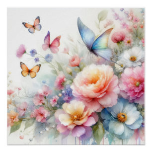 Aquarell-Blumen- und Schmetterlingstanz Poster