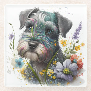 Aquarell-Blumen und Schnauzer-Welpe Glasuntersetzer