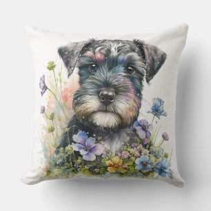 Aquarell-Blumen und Schnauzer-Welpe Kissen