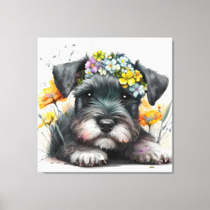 Aquarell-Blumen und Schnauzer-Welpe  Leinwanddruck