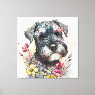 Aquarell-Blumen und Schnauzer-Welpe Leinwanddruck
