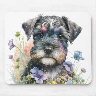 Aquarell-Blumen und Schnauzer-Welpe Mousepad