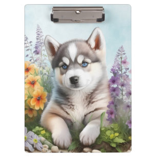 Aquarell Blumen und Sibirischer Husky Klemmbrett