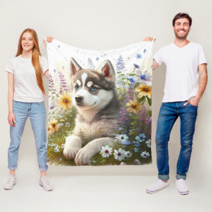 Aquarell-Blumen und sibirischer Husky-Welpe Fleecedecke