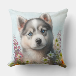 Aquarell-Blumen und sibirischer Husky-Welpe Kissen