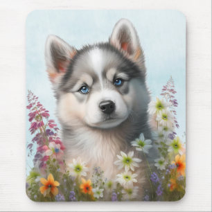 Aquarell-Blumen und sibirischer Husky-Welpe Mousepad