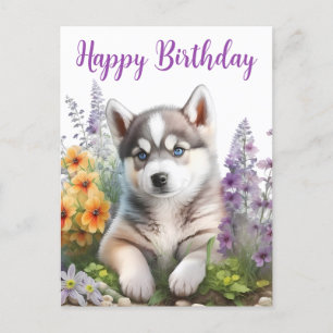 Aquarell-Blumen und sibirischer Husky-Welpe Postkarte