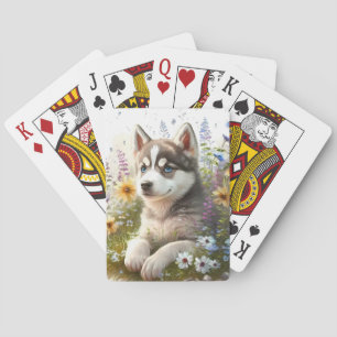 Aquarell-Blumen und sibirischer Husky-Welpe Spielkarten