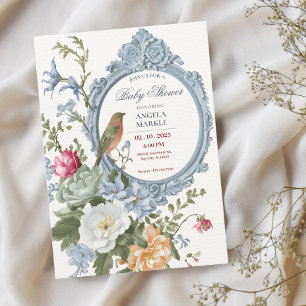 Aquarell-Blumen-und-Vogel-Rahmen Baby Shower Einladung