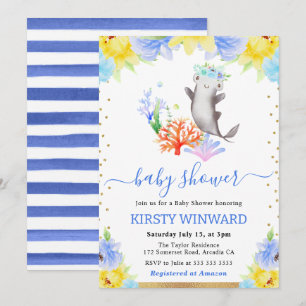 Aquarell-Blumen-Unterwasser-Hai-Baby-Party Einladung