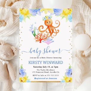 Aquarell Blumen Unterwasser Oktopus Babyparty Einladung