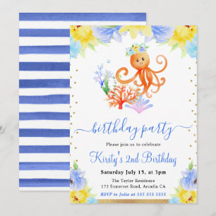 Aquarell-Blumen-Unterwasser-Oktopus-Geburtstag Einladung