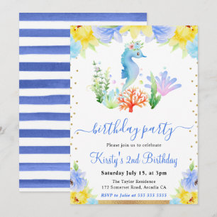 Aquarell-Blumen-Unterwasser-Seepferd-Geburtstag Einladung