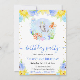 Aquarell Blumen Unterwasser Tiere Geburtstag Einladung