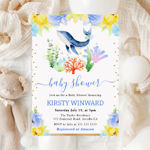 Aquarell Blumen Unterwasser Wal Baby-Party Einladung